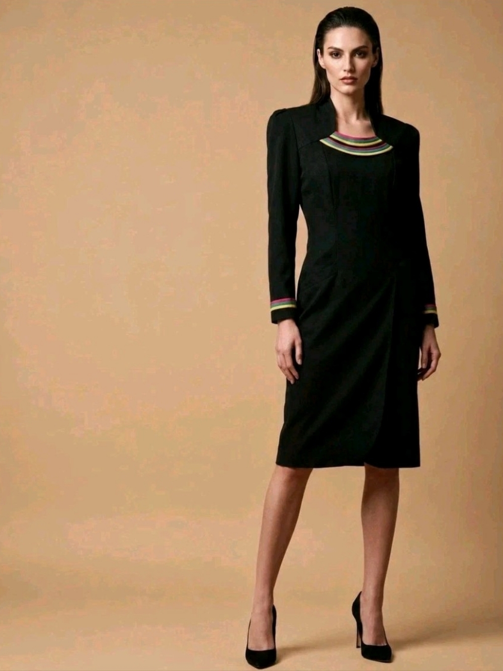 Vintage 80s Etoile Black Dress Size 8 Sheath Striped Corpcore Y3K Futuristic